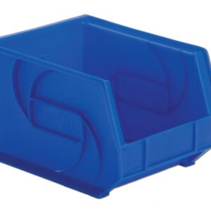 A blue plastic storage bin with an open front and ridged sides designed for organizing small items.
