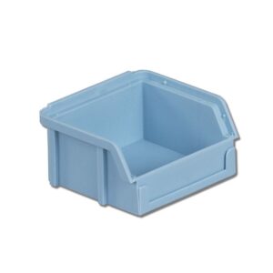 A small blue plastic storage bin with an open front.