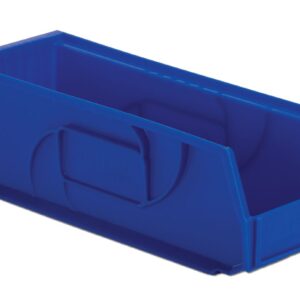 A blue, rectangular storage bin with an open front side, designed for organizing small parts or tools.