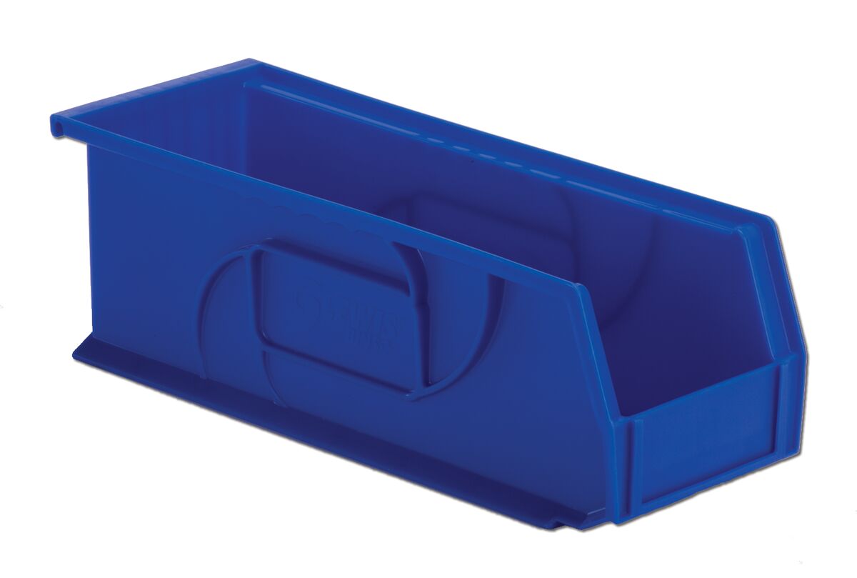 A blue, rectangular storage bin with an open front side, designed for organizing small parts or tools.