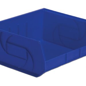 A blue, empty plastic bin with a lowered front edge for easy access and storage.