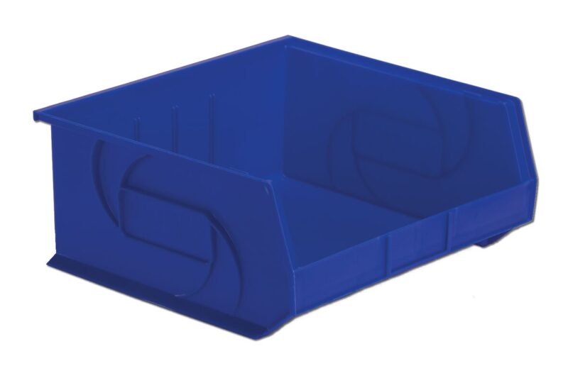 A blue, empty plastic bin with a lowered front edge for easy access and storage.