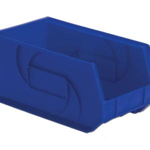 A blue plastic storage bin with an open front and a rectangular shape.