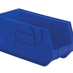 A blue plastic storage bin with an open front and stackable design.