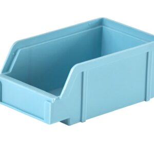 A light blue plastic storage bin with an open front compartment designed for easy access to contents.