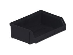 A black plastic storage bin with an open front and rectangular shape.