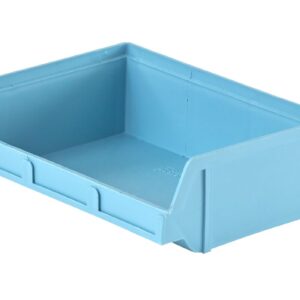 A blue, rectangular storage bin with a slanted front for easy access.