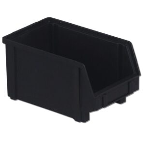 A black plastic storage bin with an open top and a slanted front edge.