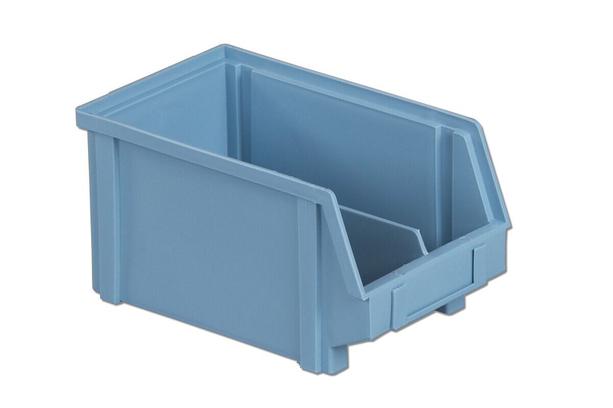 A blue plastic storage bin with an open front and a label holder on the side.