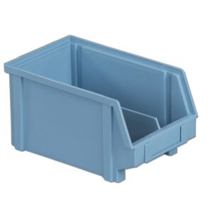 A blue plastic storage bin with an open front and a label holder on the side.