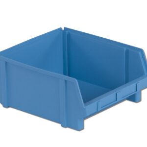 Blue plastic storage bin with an open front and reinforcing ridges on the sides and base.