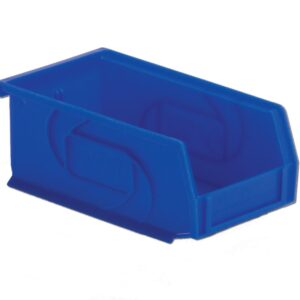A blue plastic storage bin with an open front.