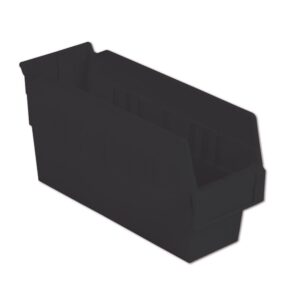 A dark plastic storage bin with an open front for easy access, designed for organizing and storing items.
