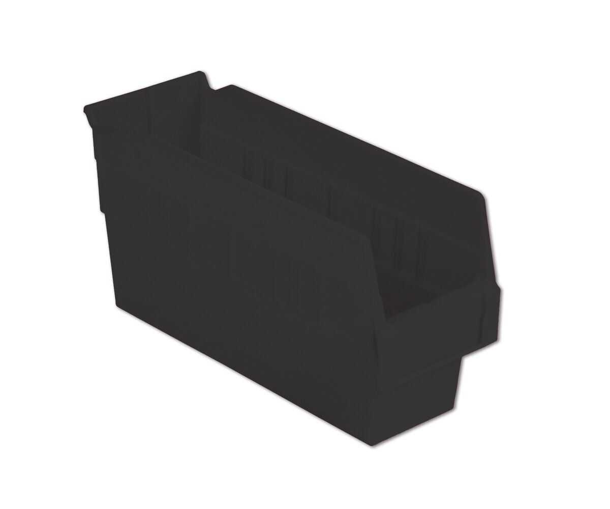 A dark plastic storage bin with an open front for easy access, designed for organizing and storing items.