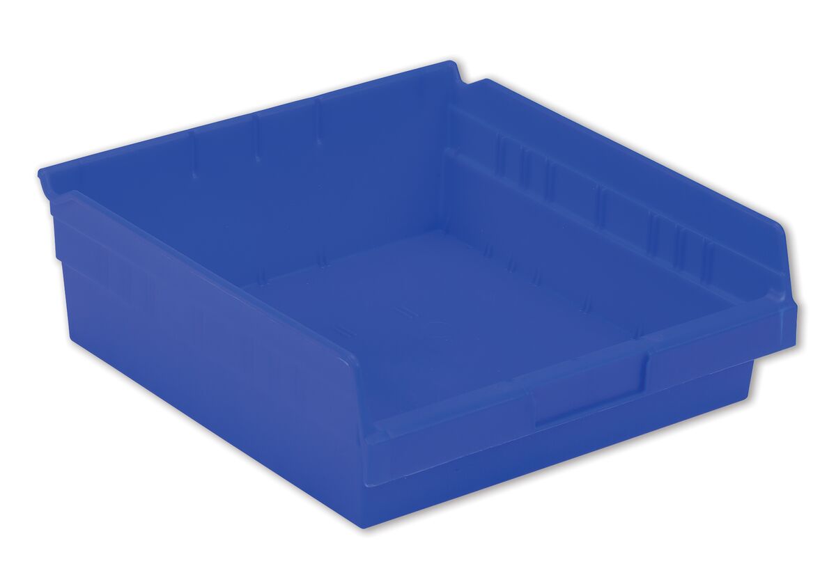 A blue plastic storage bin with an open front and solid sides, designed for organizing and holding small items.