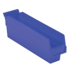 A blue plastic storage bin with an open top and reinforced edges.