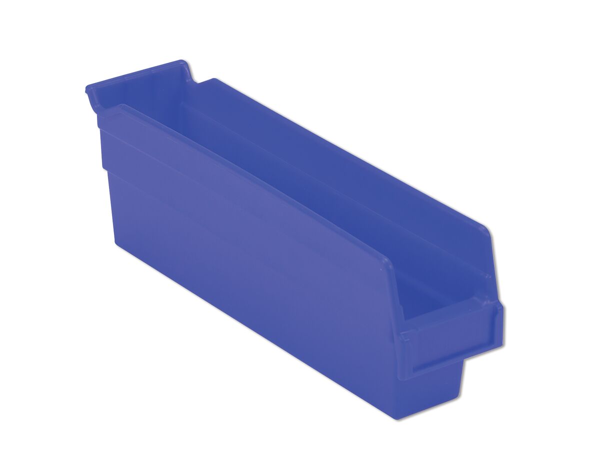 A blue plastic storage bin with an open top and reinforced edges.