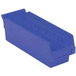 A blue plastic storage bin with a rectangular shape, open top, and a small handle on one side.