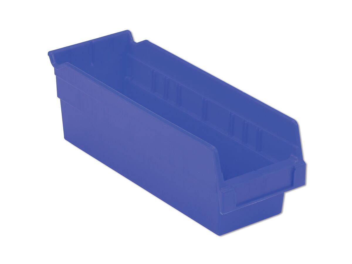 A blue plastic storage bin with a rectangular shape, open top, and a small handle on one side.
