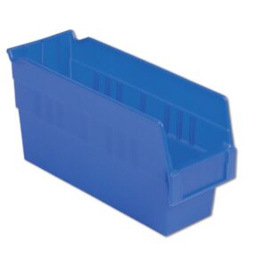 A blue plastic storage bin with an open top and a label slot on the front.