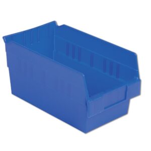 A large blue plastic storage bin with a slanted front and reinforced sides.