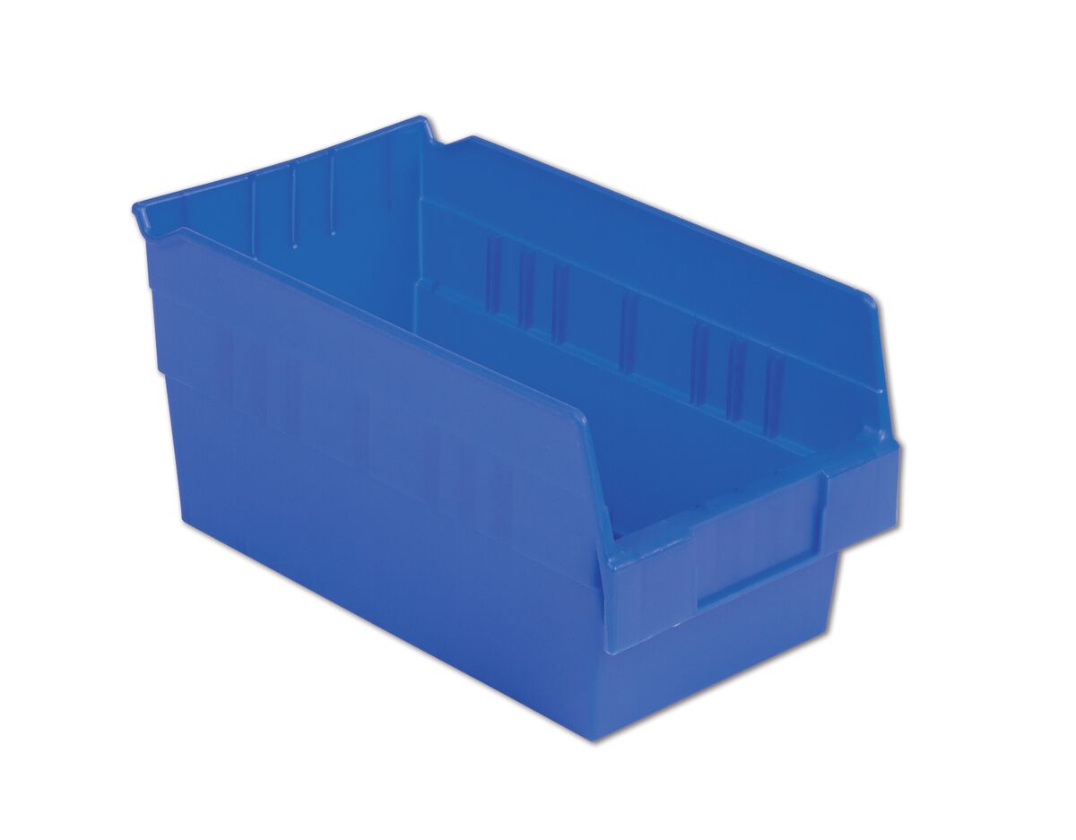 A large blue plastic storage bin with a slanted front and reinforced sides.