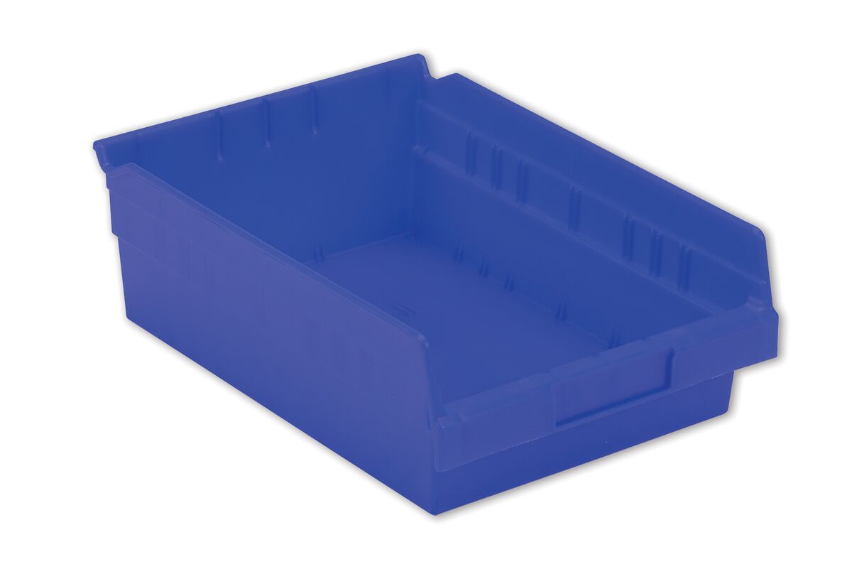 A blue plastic storage bin with a rectangular shape and an open top.