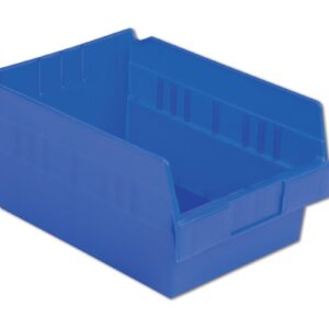 A blue plastic storage bin with an open front and ribbed inner sides, designed for organizing and storing items.