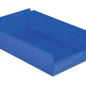A blue, rectangular plastic storage bin with an open top and slightly raised sides.