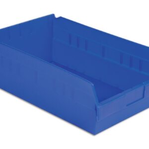 Plastic blue storage bin with an open top and shorter front side for easy access.