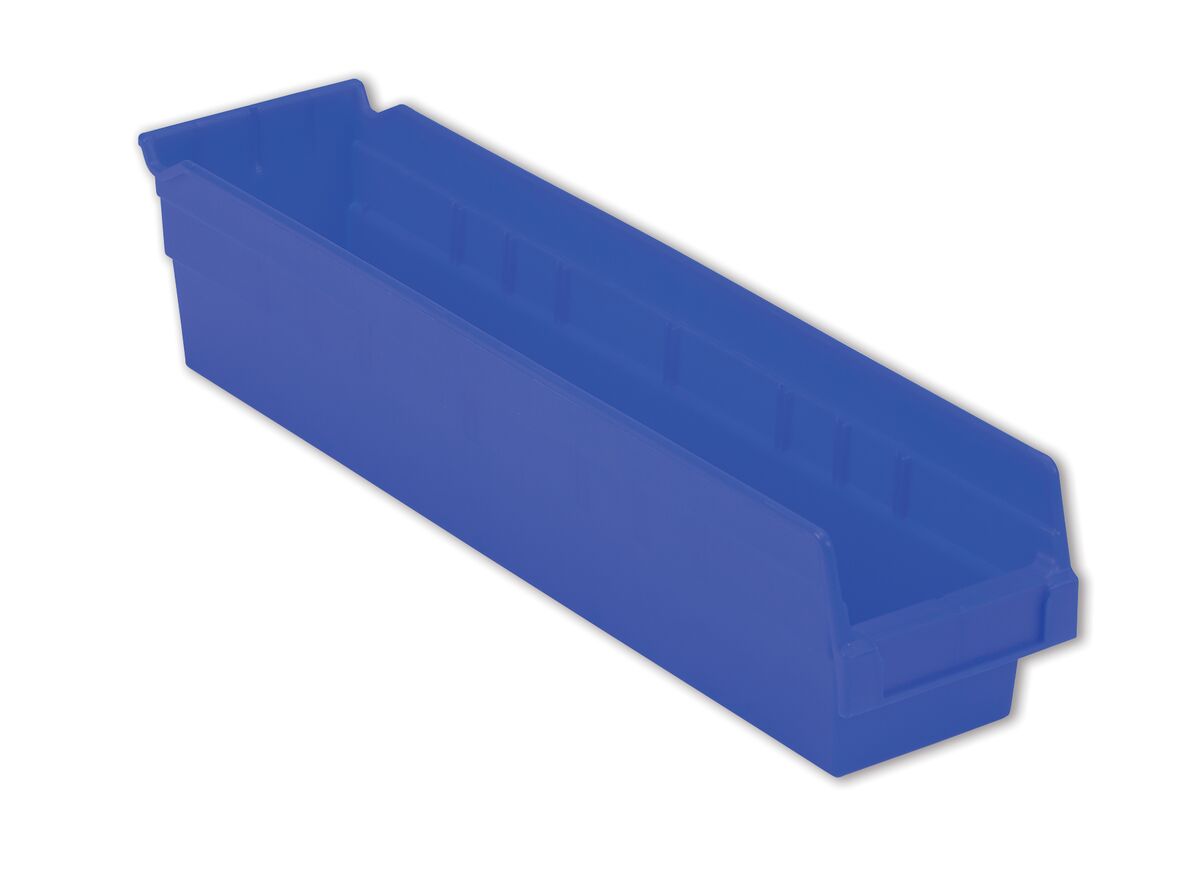 A long, rectangular, blue plastic storage bin with an open top and a slightly tapered design.