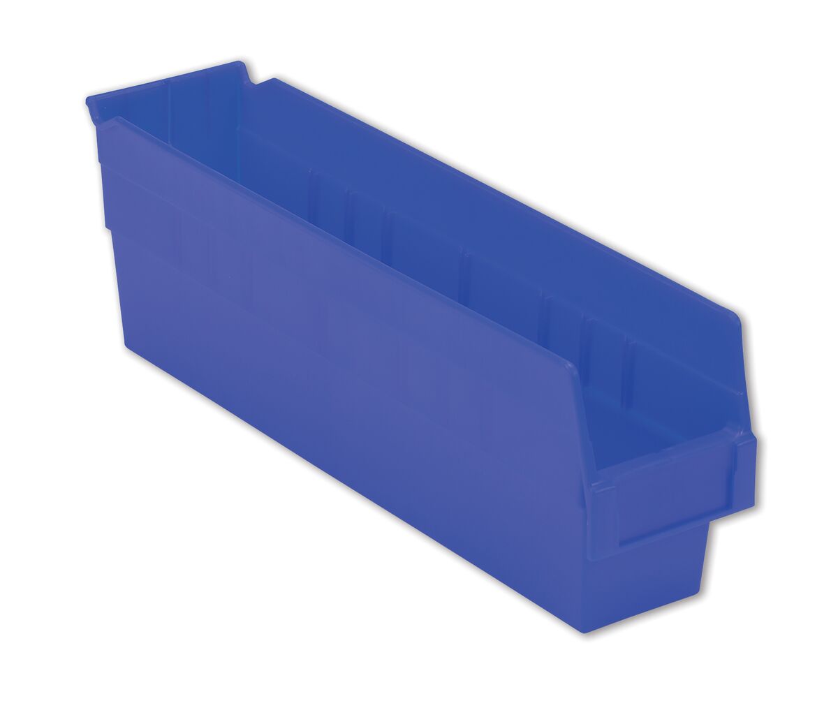 A blue plastic storage bin with a slanted open front and rectangular shape.