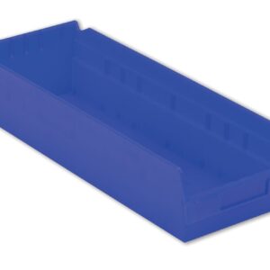 A blue, rectangular plastic storage bin with a slightly sloped front and vertical ridges on the interior walls.