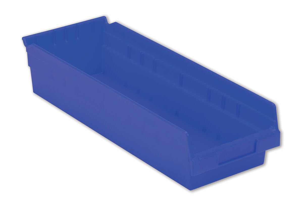 A blue, rectangular plastic storage bin with a slightly sloped front and vertical ridges on the interior walls.