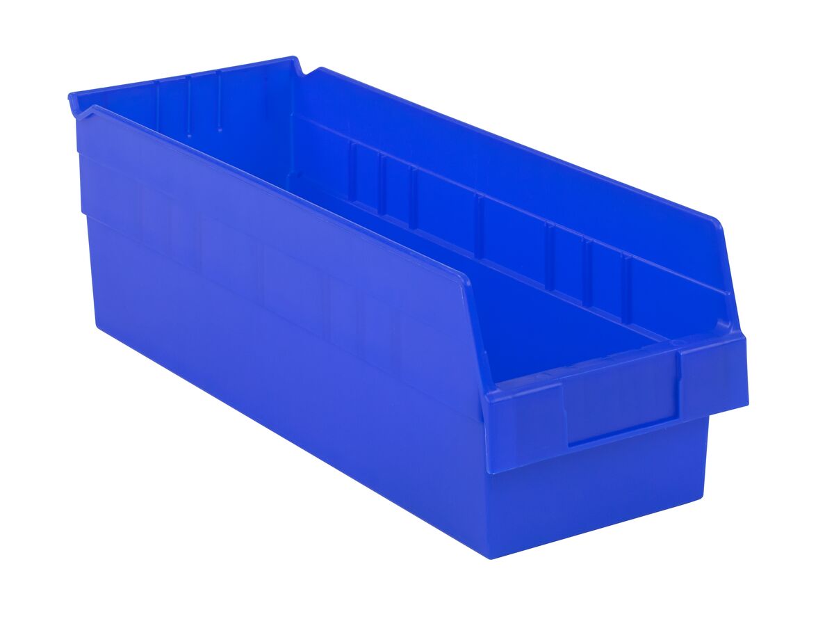 A blue plastic storage bin with an open top and a high back, designed for organizing small items.