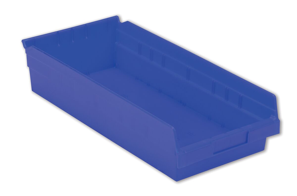 A blue plastic storage bin with an open front and shallow sides designed for organizing small items.