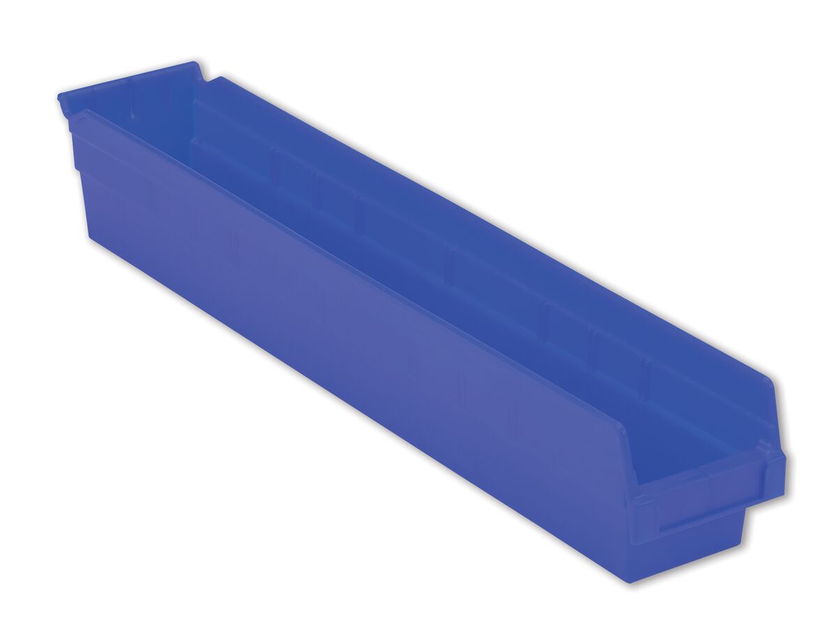 A long, narrow, blue plastic storage bin with a flat base and open top.