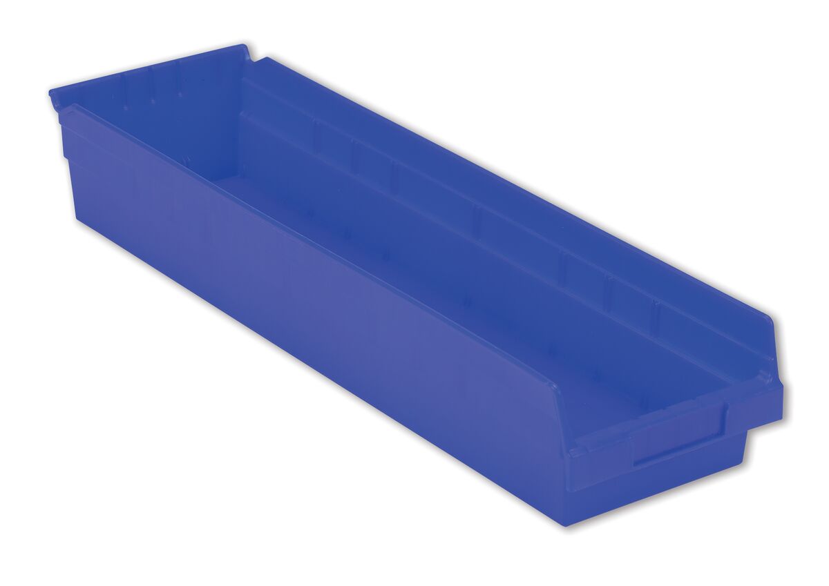 A long, rectangular blue plastic storage bin with an open top and narrow width.