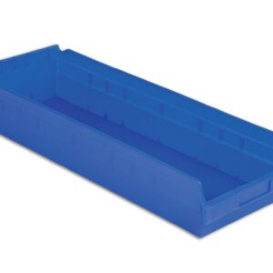 A blue plastic storage bin with a wide rectangular shape and an open front.