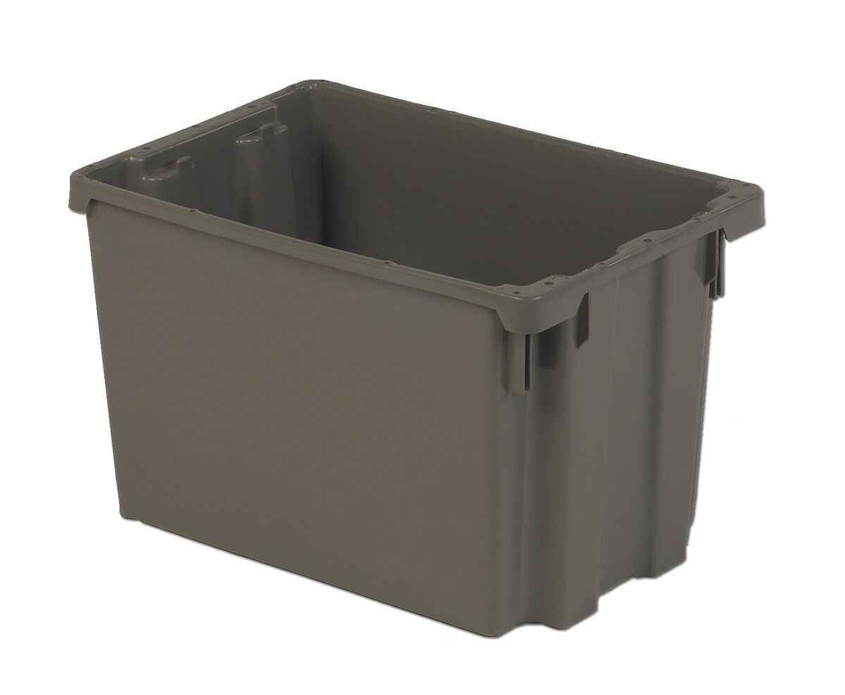 A gray, rectangular, open-top plastic storage bin with reinforced corners and ribbed sidewalls.