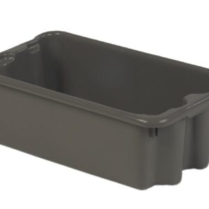 A rectangular, dark gray plastic storage bin with reinforced edges and corners, placed against a white background.