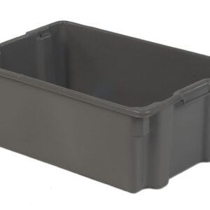 A large, rectangular, gray plastic storage bin with a smooth surface and handles on the shorter sides.