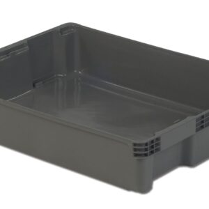 A grey plastic storage bin with a flat bottom and slightly raised edges.