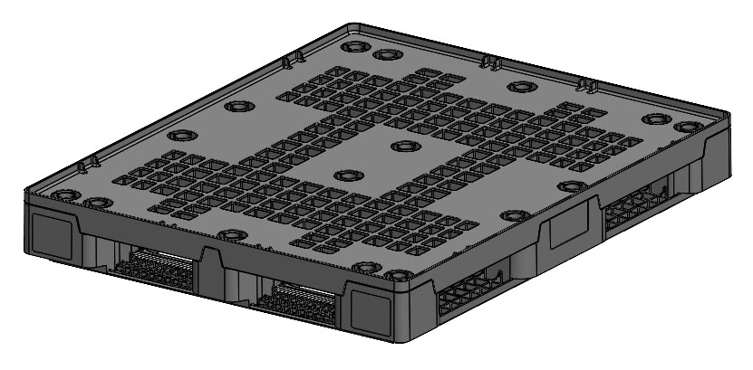 Illustration of a rectangular plastic pallet with a grid pattern on the top surface and openings along the sides for forklift entry.