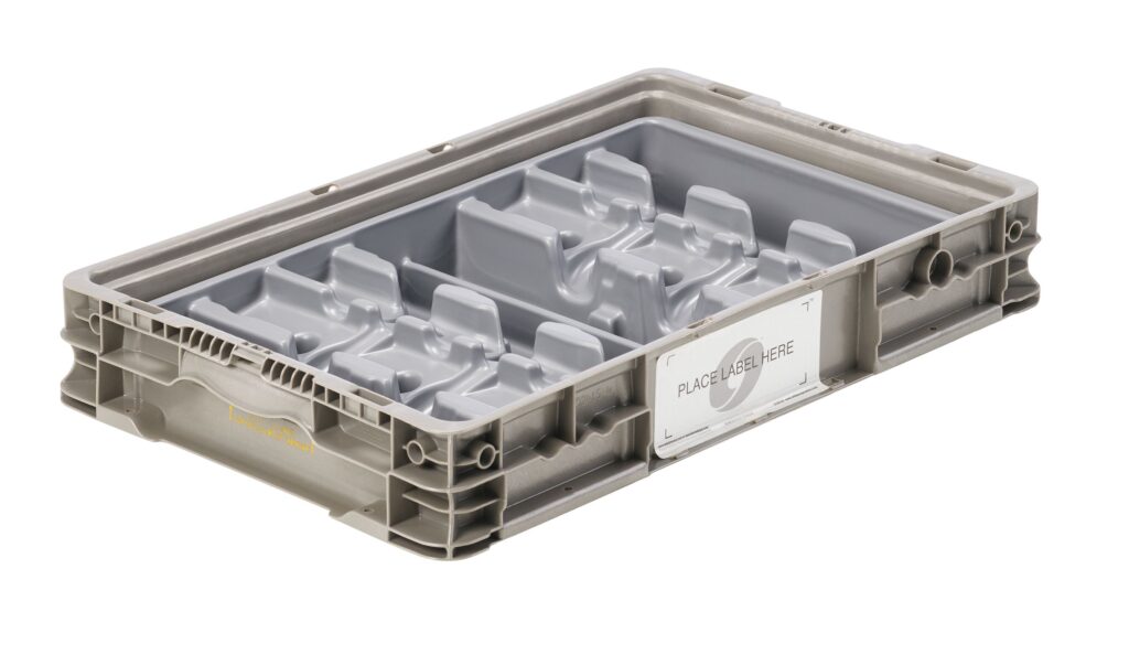 A gray, rectangular plastic storage tray with multiple compartments and a designated label area on the side.