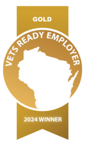 Gold badge with a silhouette of Wisconsin, labeled "Vets Ready Employer, 2024 Winner.