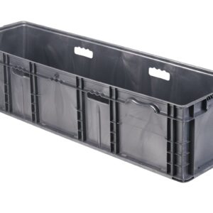 The NXO4815-11 is a large, rectangular gray plastic storage binwith reinforced sides and built-in hand grips on the longer sides, displayed on a white background.