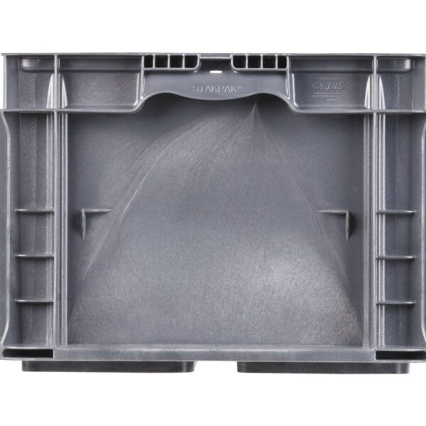 The NXO4815-11 is a gray, rectangular plastic storage bin with reinforced sides and a smooth, shallow interior, viewed from above.