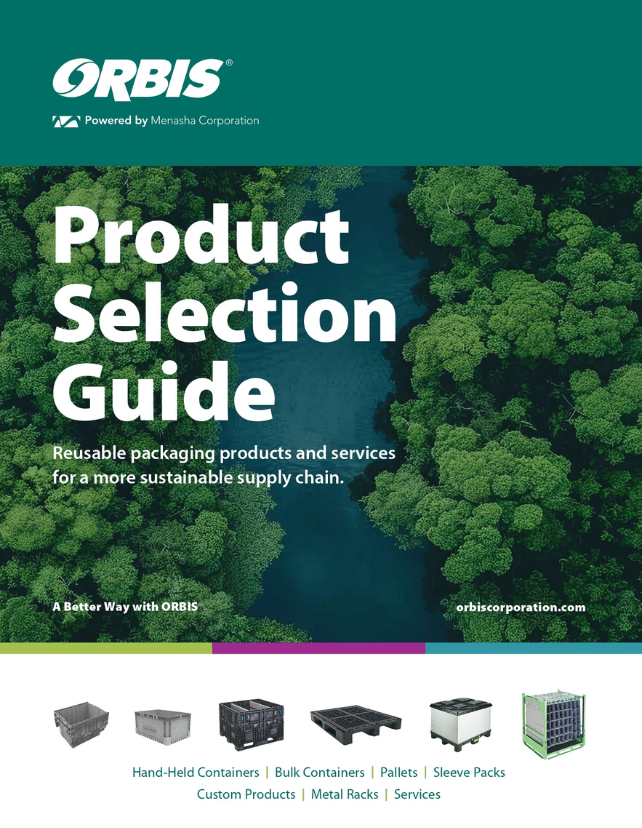 Cover of ORBIS Product Selection Guide featuring a forest and river aerial view, with text promoting Reusable Packaging for a sustainable supply chain. Various packaging products are shown at the bottom.
