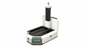 A white autonomous mobile robot designed for material handling, featuring a cargo platform, automation interface control panel, and status indicator lights, isolated on a white background.